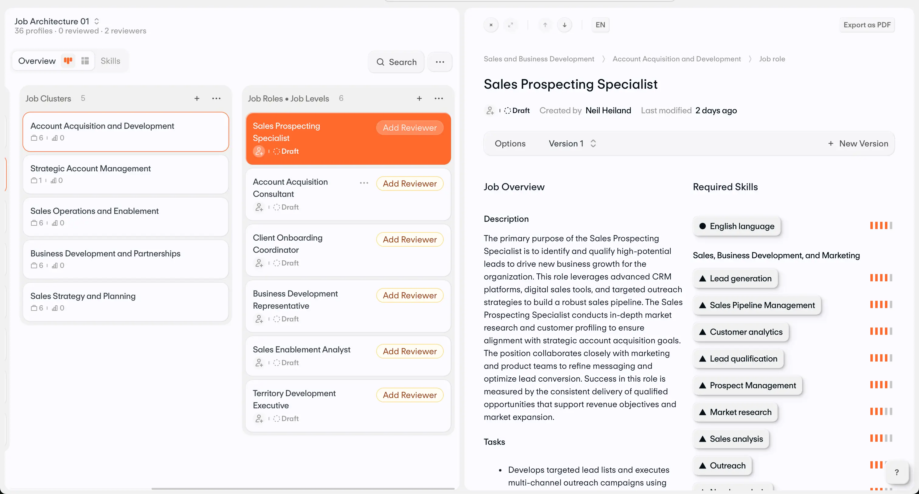 Cobrainer Skills Platform — job families, roles, levels, and skills in one view